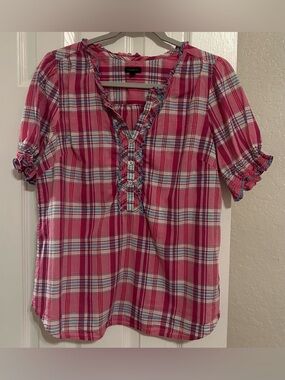 Talbots Pink and White Plaid Ruffle-Trim Short Sleeve Blouse
